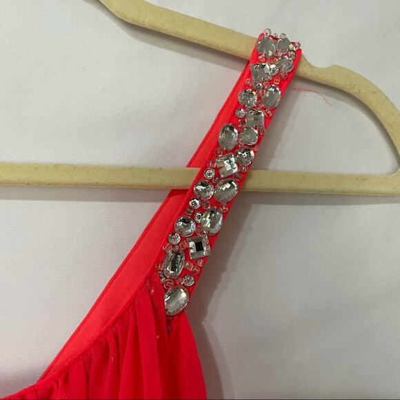 Hailey Logan Neon Orange Prom Dress Womens 4 Short Draped Barbie Mini Rhinestone - Picture 2 of 9